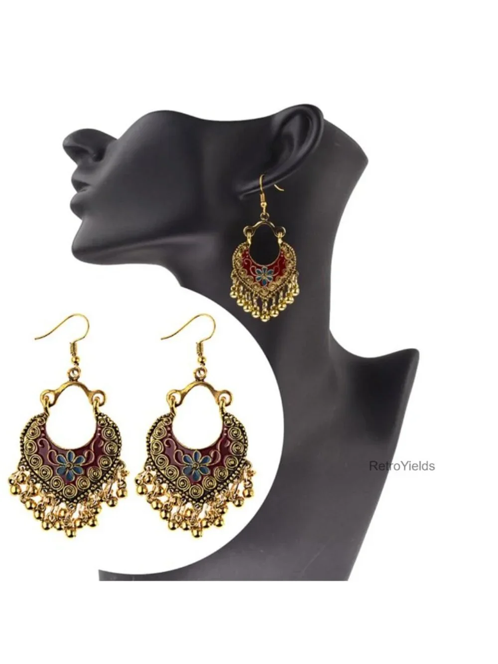 Vintage Boho Drop Dangle Earrings, Plated Base Metal, Wood Bead, Handmade